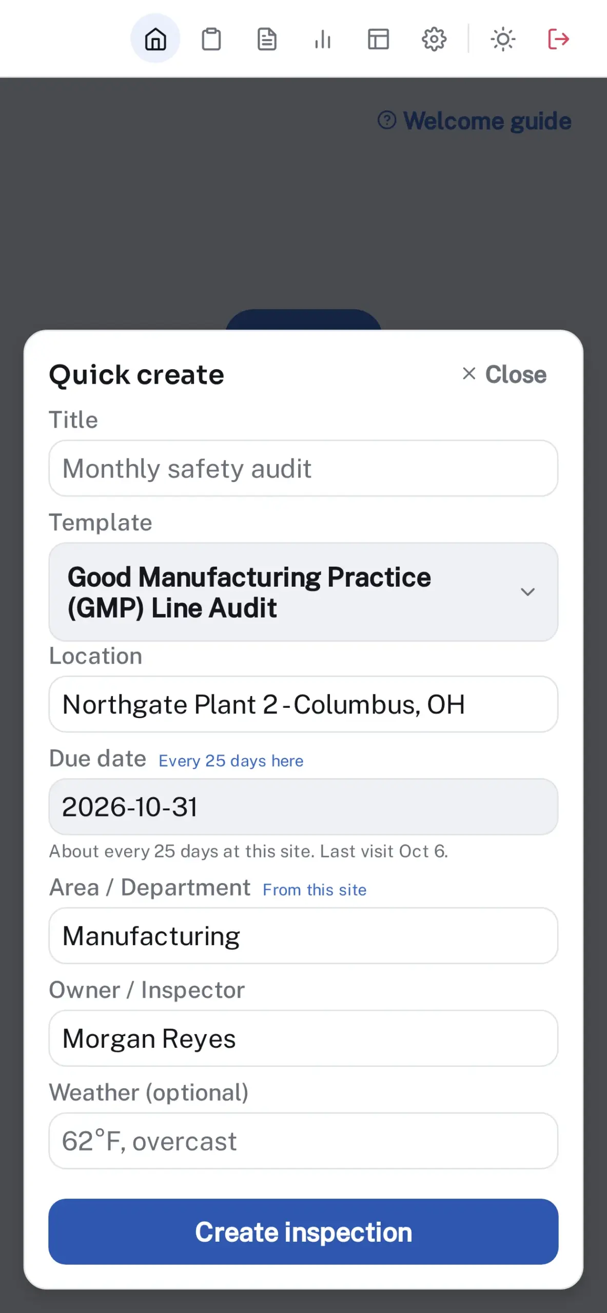 The Quick create sheet with the checklist, site, due date and inspector prefilled from the last visit