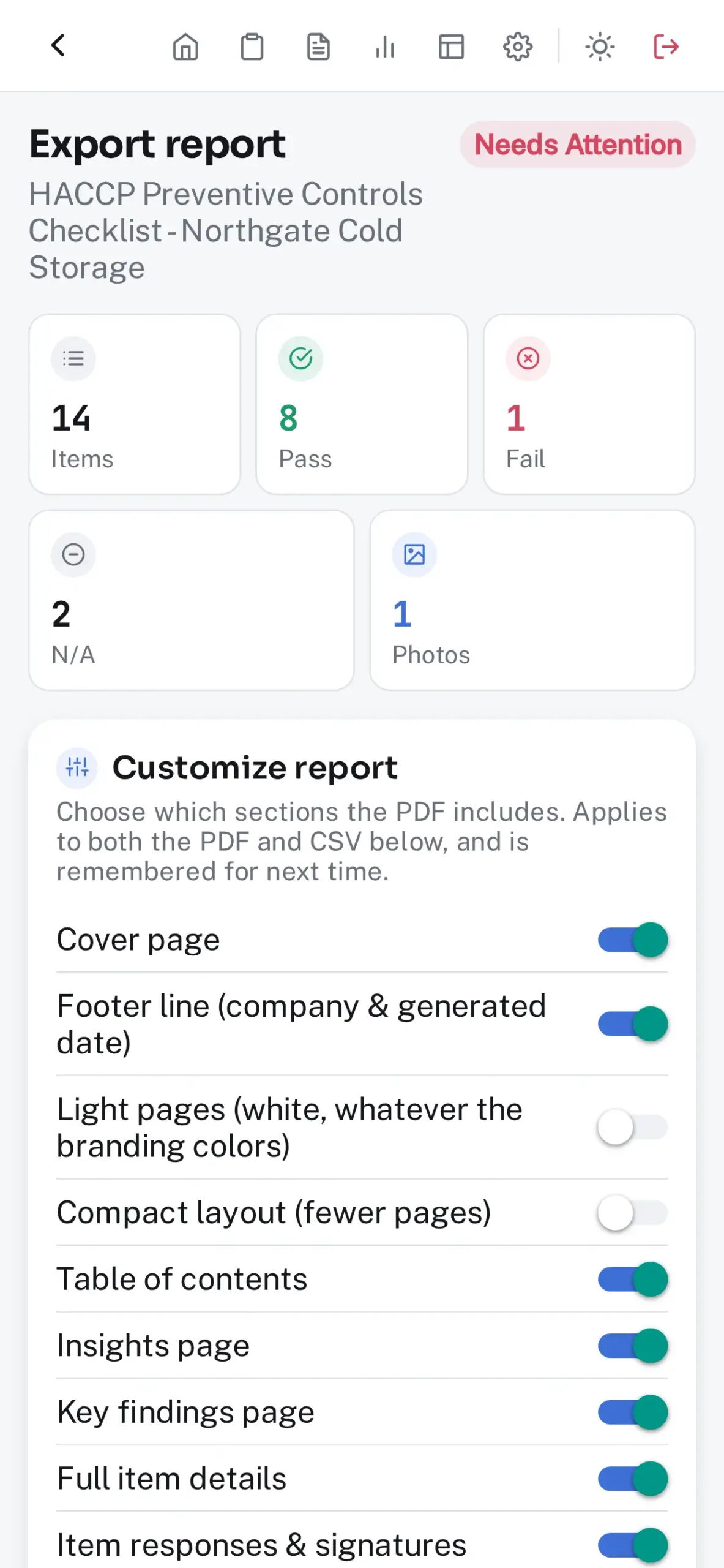 The export report screen with pass, fail and photo counts and the report sections to include