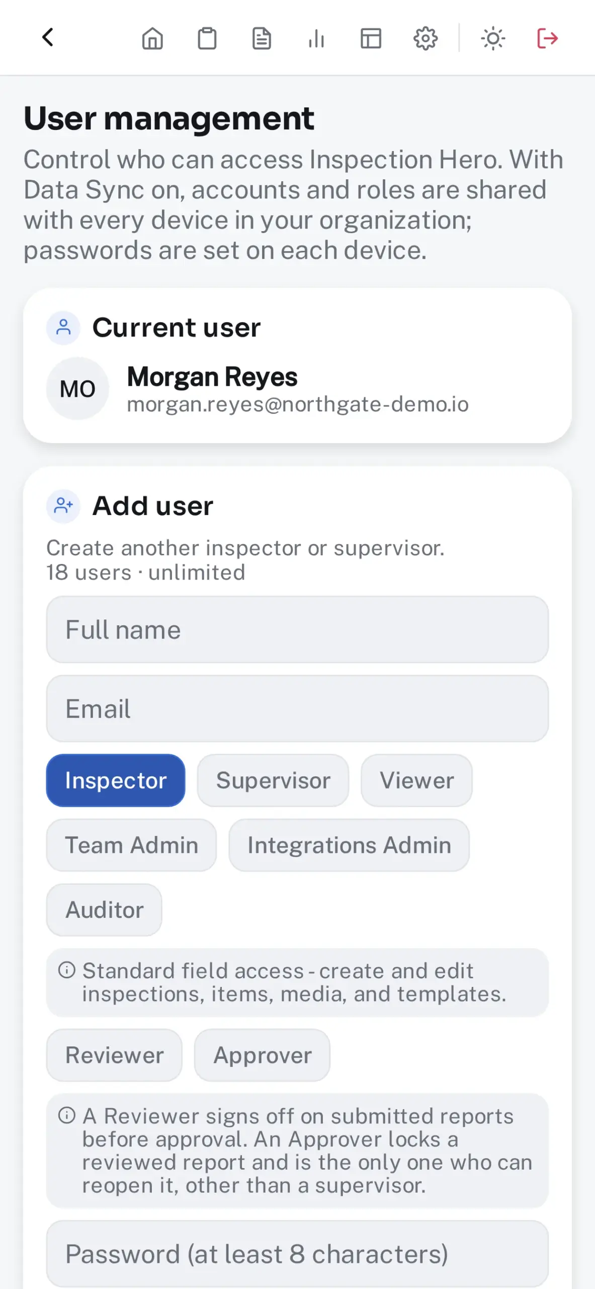 User management with the six roles and the reviewer and approver flags
