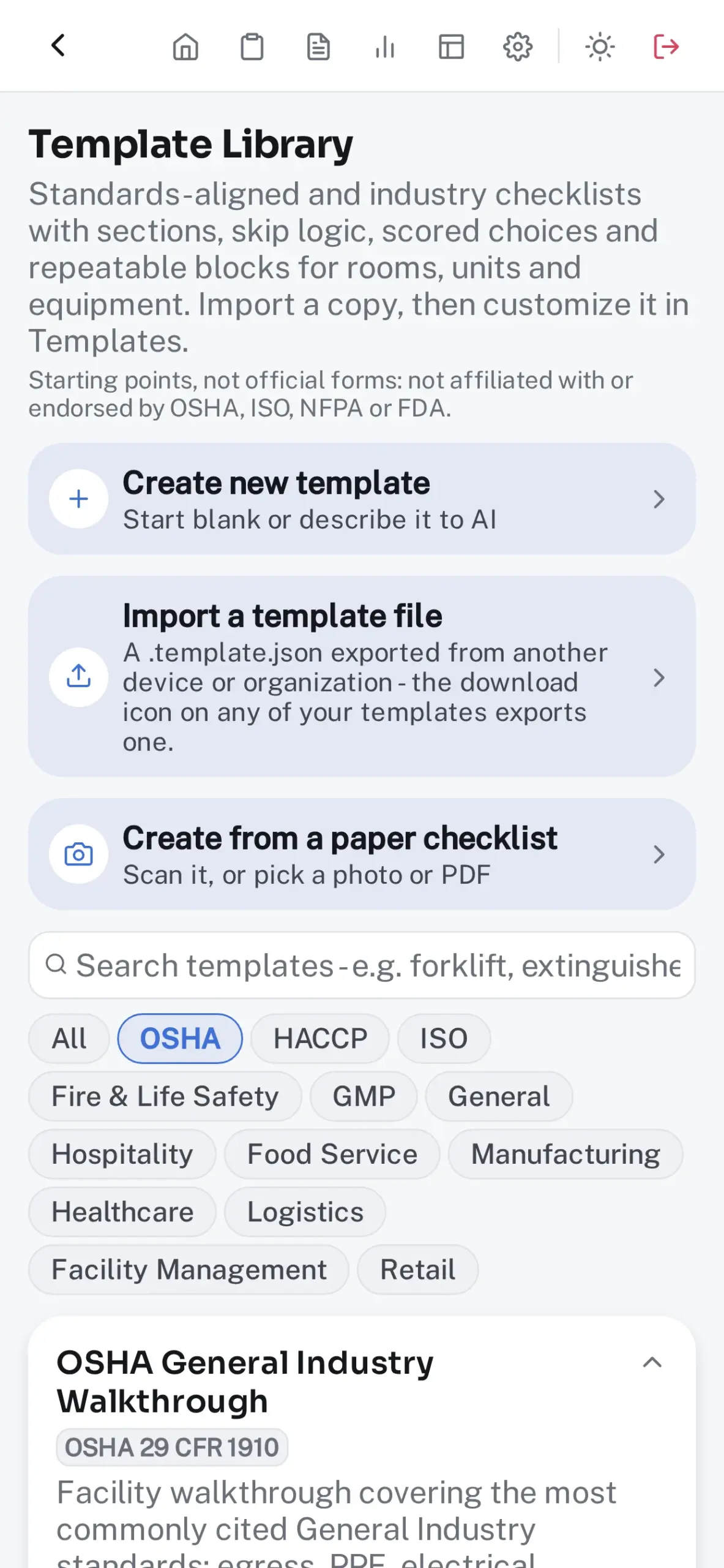 The Checklist Library with OSHA, HACCP, ISO and other templates ready to import