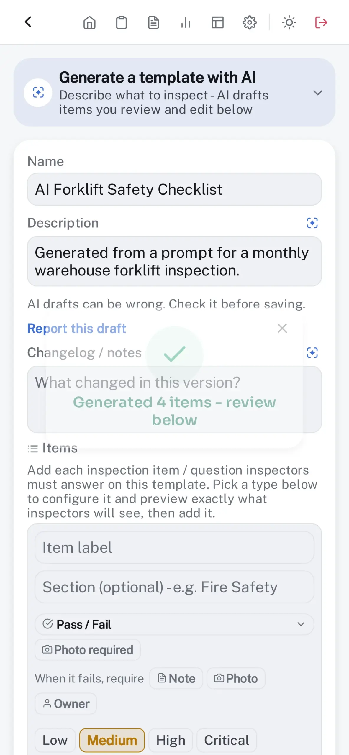 A checklist drafted by the AI Assistant from a plain-English description