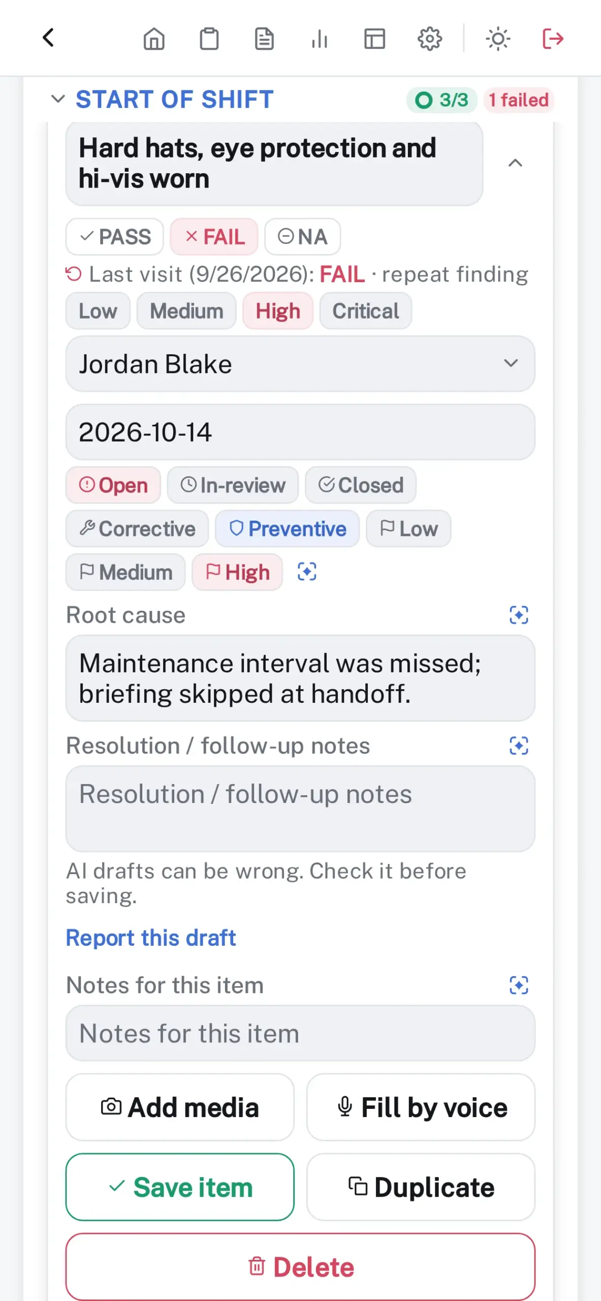 A failed item with its follow-up: owner, due date, priority, and a drafted root cause