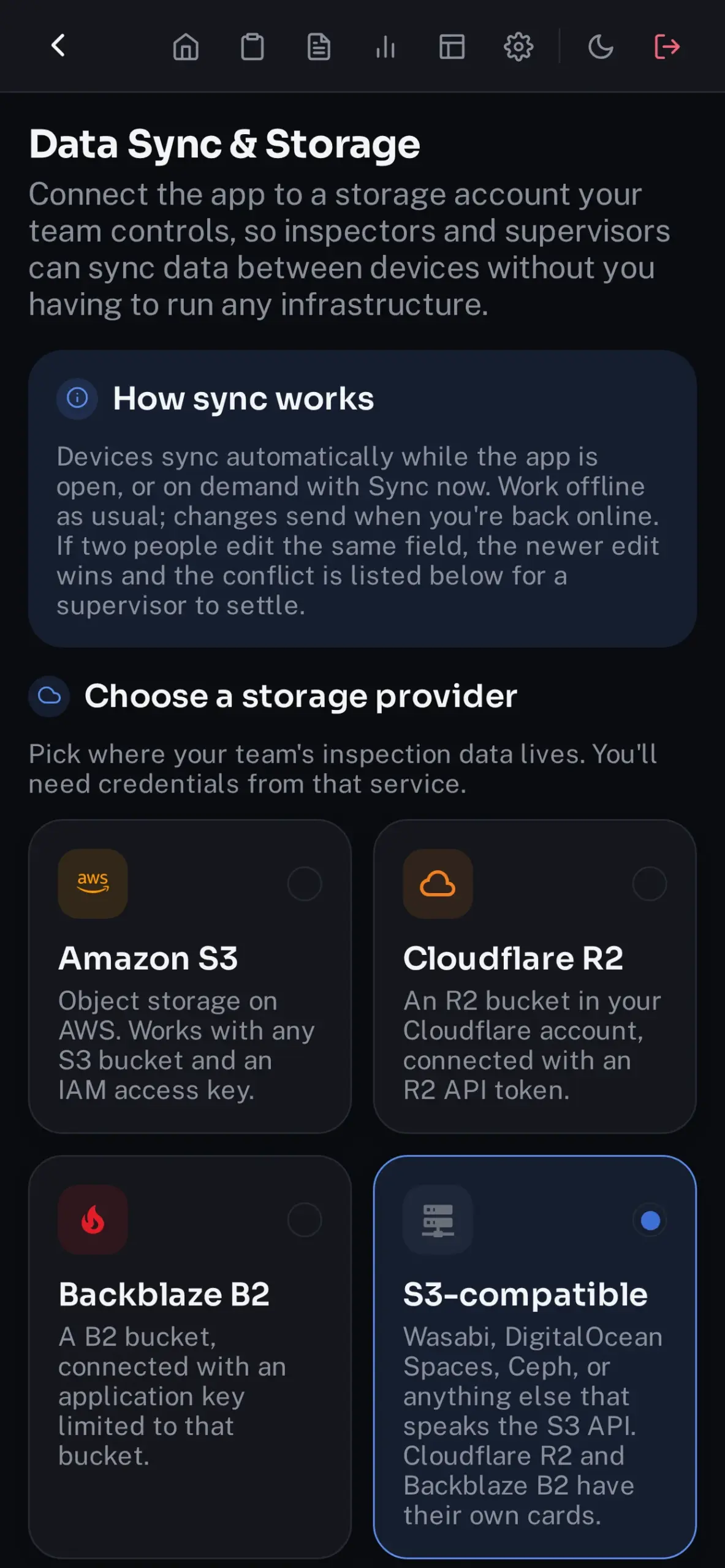 Data Sync settings pointing at storage the organization controls