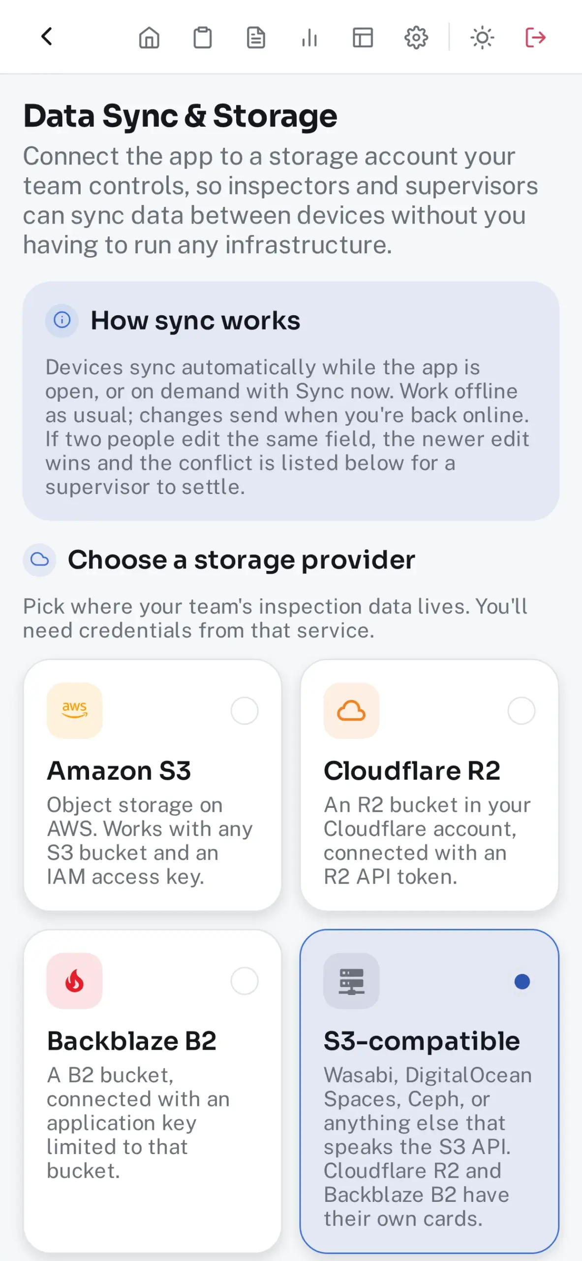 Data Sync settings pointing at storage the organization controls