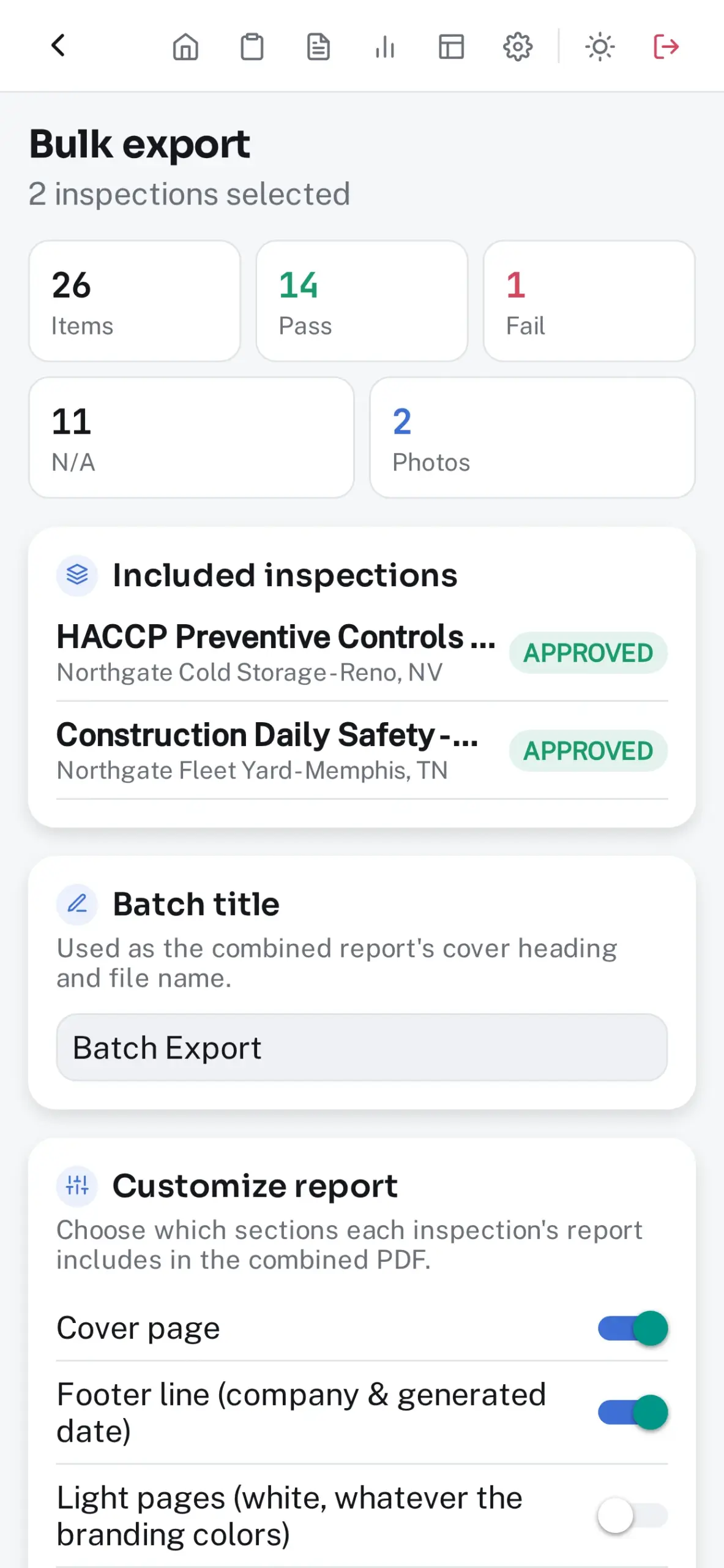 Bulk export of two approved inspections into one combined PDF and CSV