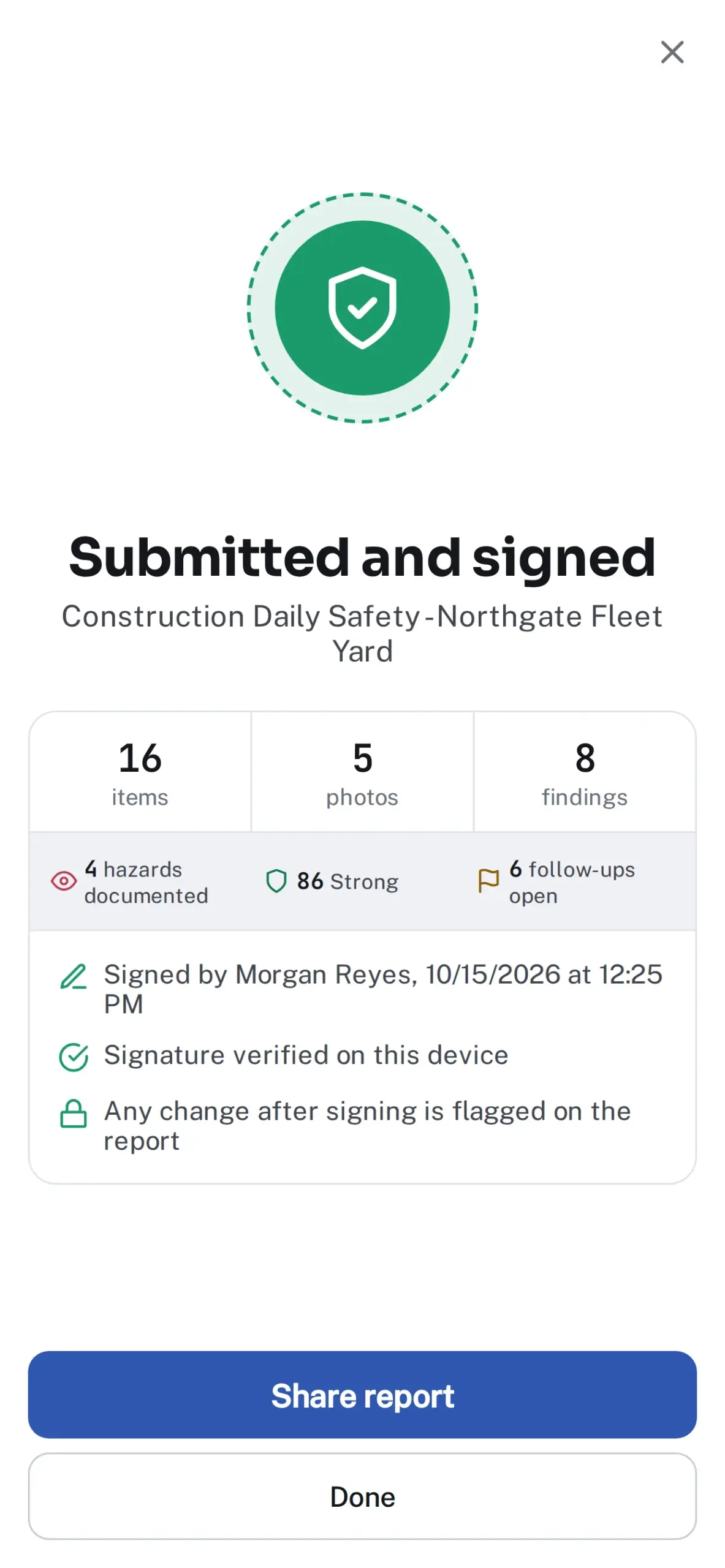 The sealed confirmation after an inspection is submitted and signed, with the signature verified on the device