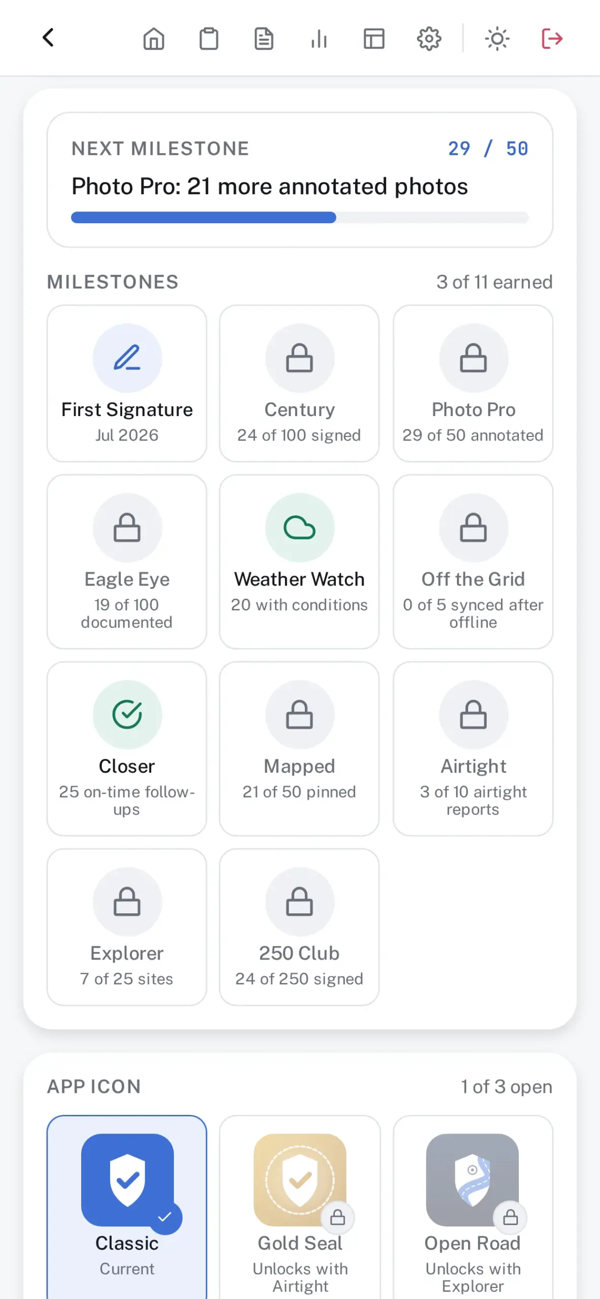 Milestones on an account page: the next milestone with its progress bar, and badges earned or still locked