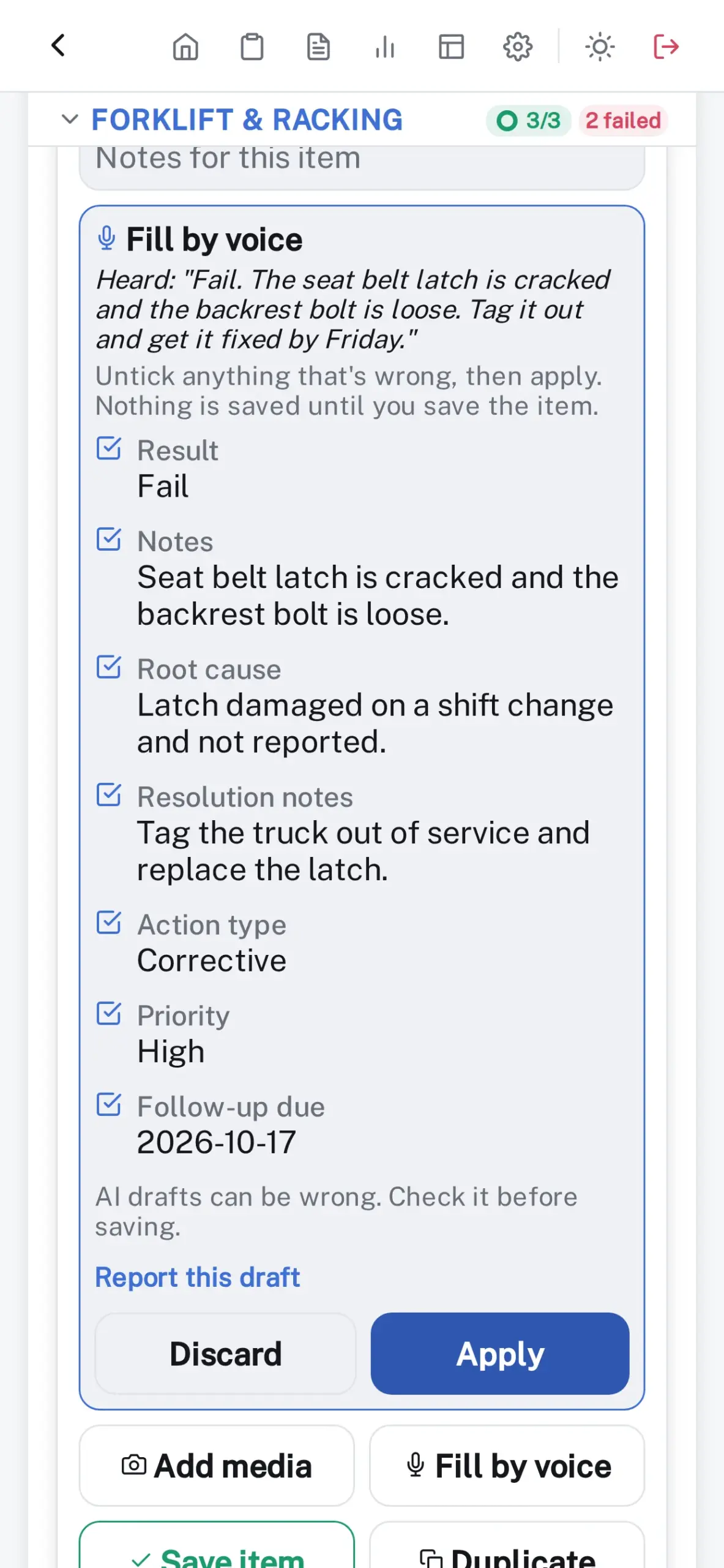 Fill by voice on a failed item: what the inspector said, and the proposed answer, notes and follow-up, each ticked before it is applied