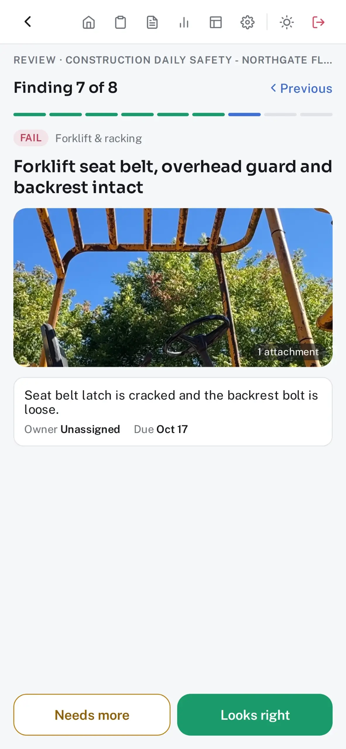 The review walkthrough: one failed item with its photo, note and owner, marked Looks right or Needs more