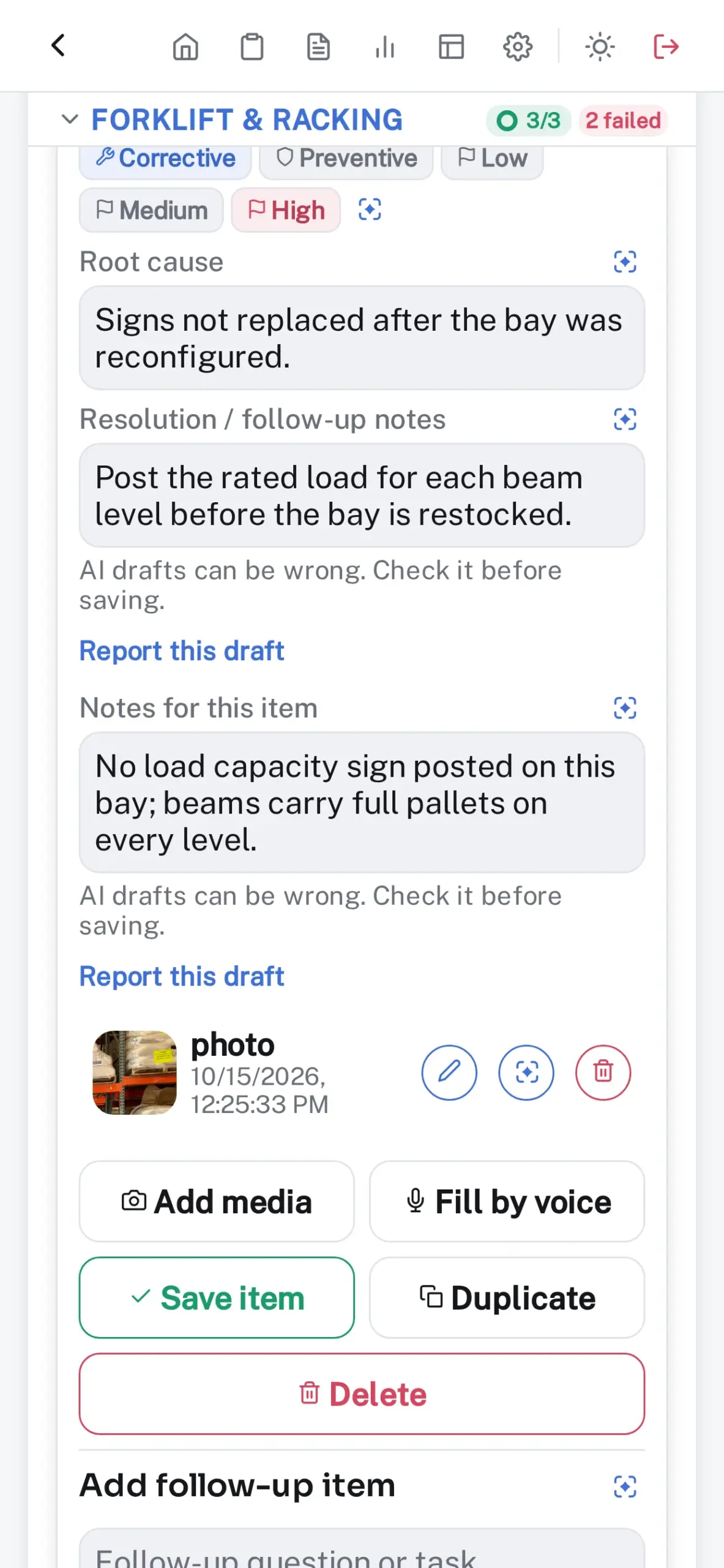 Draft from photo: notes and a corrective action drafted from a photo of a rack bay with no load sign, ready to review